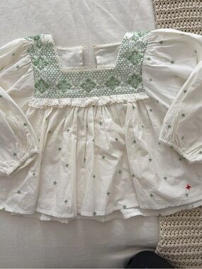 Ivory Kids Puff-Sleeve Top with Green Floral Embroidery